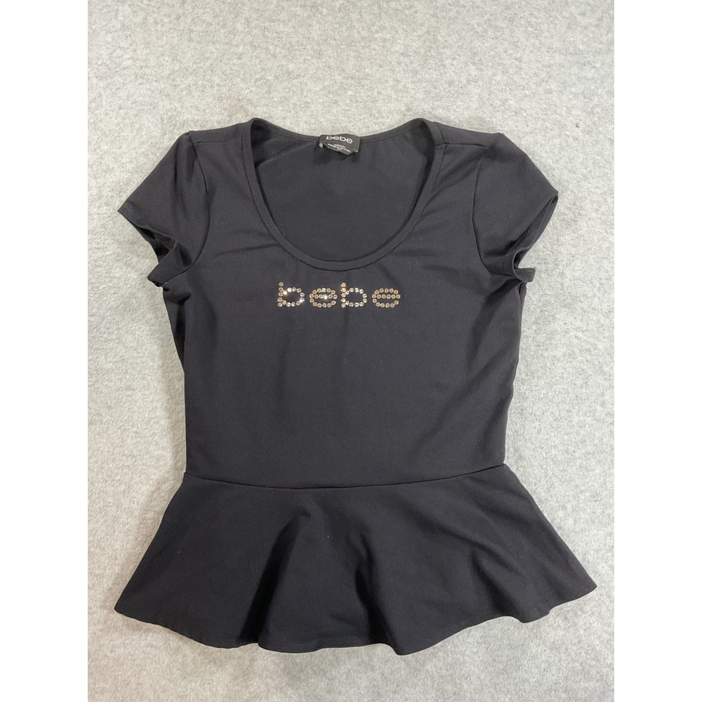 Bebe Black Peplum Top Short Sleeve Rhinestone Logo Scoop Neck Y2K Style M 2378